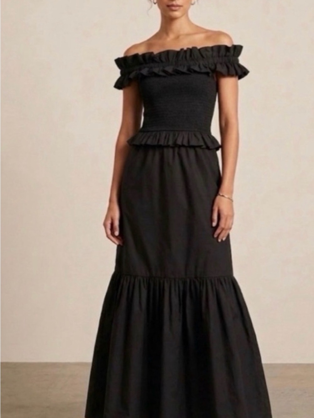 NWT Caroline Constas Black Ruffled Off-Shoulder Smocked Dress